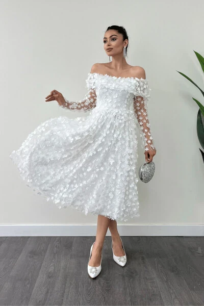 Three Dimensional Floral Fabric Boat Neck Midi Dress - WHITE - GIYIMMASALI (1)