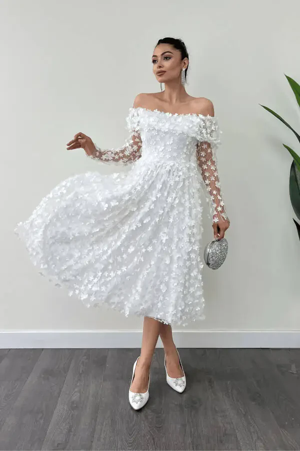 Three Dimensional Floral Fabric Boat Neck Midi Dress - WHITE - 2