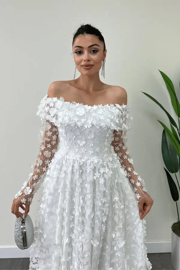 Three Dimensional Floral Fabric Boat Neck Midi Dress - WHITE - 3