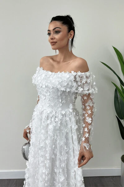 Three Dimensional Floral Fabric Boat Neck Midi Dress - WHITE - 4