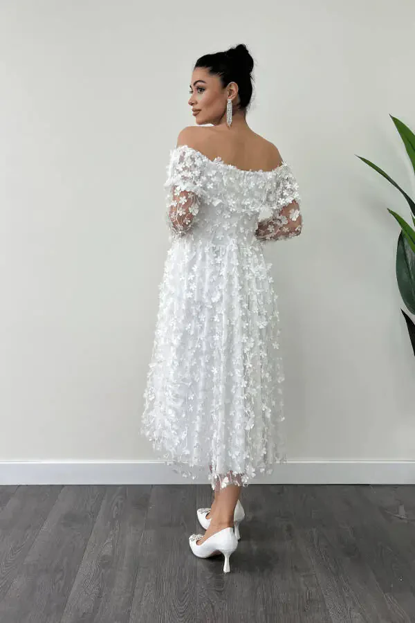 Three Dimensional Floral Fabric Boat Neck Midi Dress - WHITE - 5