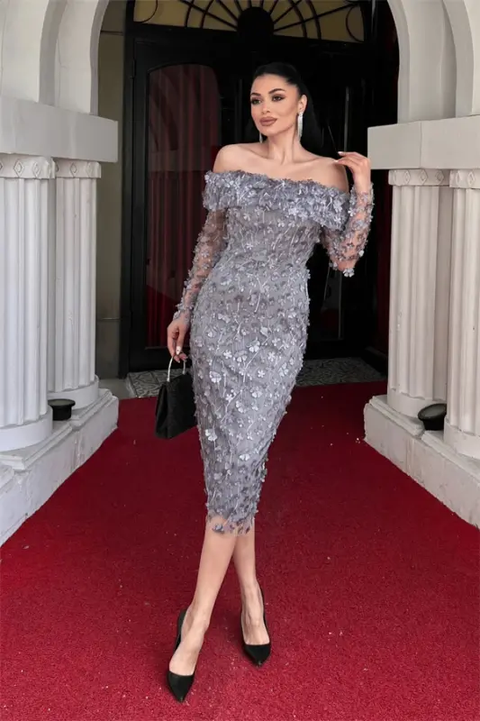 Three Dimensional Floral Fabric Boat Neck Pencil Dress - GRAY - 1