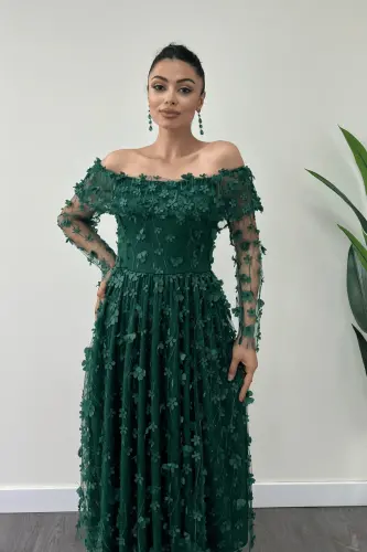 Three Dimensional Flowered Fabric Boat Neck Midi Dress - EMERALD GREEN-EMERALD GREEN - 2