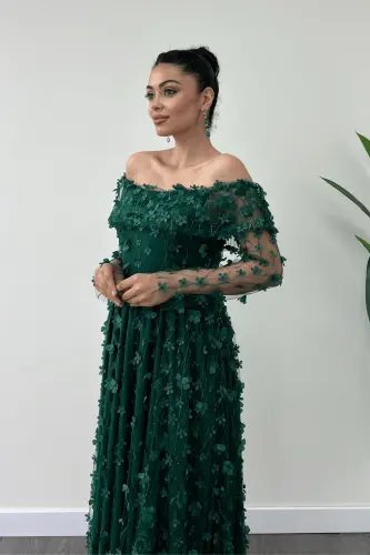 Three Dimensional Flowered Fabric Boat Neck Midi Dress - EMERALD GREEN-EMERALD GREEN - 3