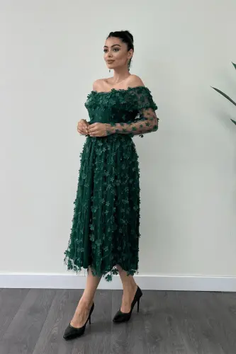Three Dimensional Flowered Fabric Boat Neck Midi Dress - EMERALD GREEN-EMERALD GREEN - 4