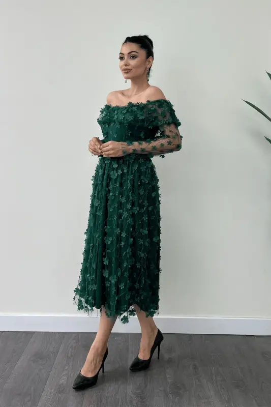 Three Dimensional Flowered Fabric Boat Neck Midi Dress - EMERALD GREEN-EMERALD GREEN - 4