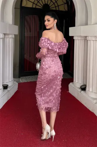 Three Dimensional Flowered Fabric Boat Neck Pencil Dress - POWDER - 5