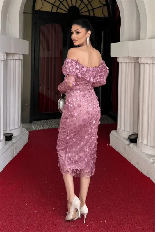 Three Dimensional Flowered Fabric Boat Neck Pencil Dress - POWDER - 5