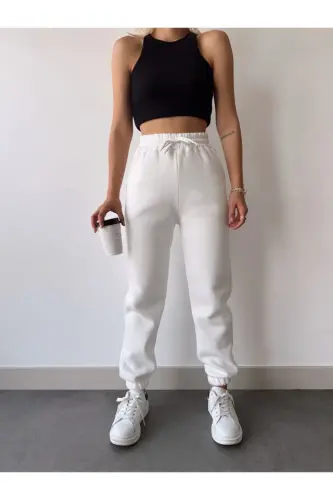 Three-Thread Basic Elasticated Sweatpants - White - 1