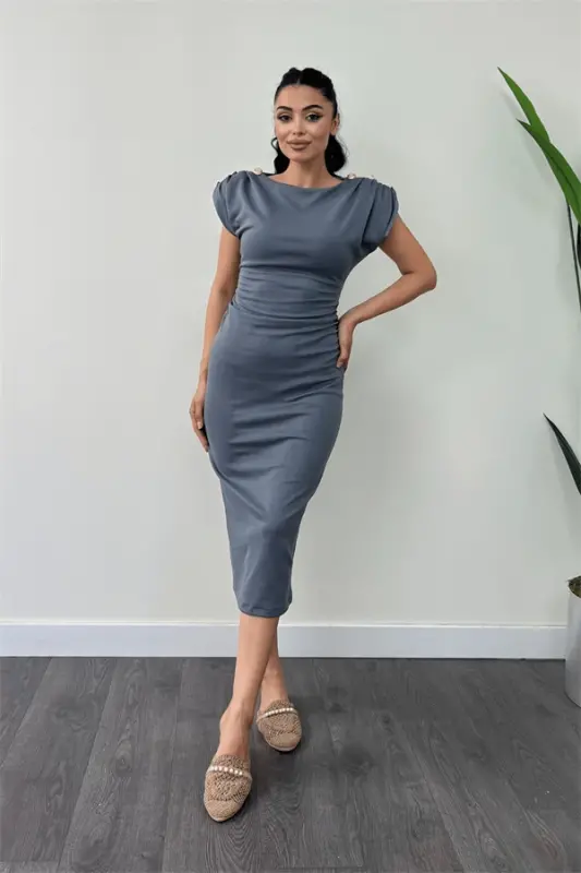 Three-Thread Combed Cotton Fabric Pencil Dress with Shirred Shoulder Detail - ANTHRACITE - 1