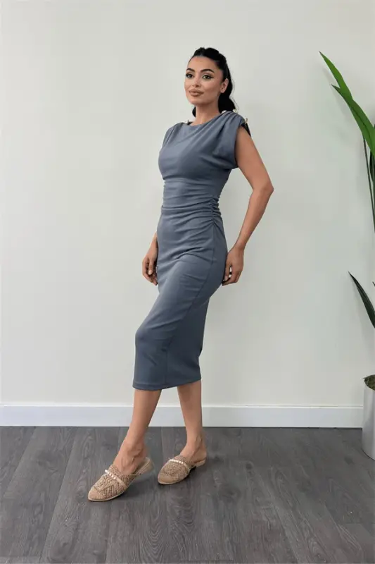 Three-Thread Combed Cotton Fabric Pencil Dress with Shirred Shoulder Detail - ANTHRACITE - 2