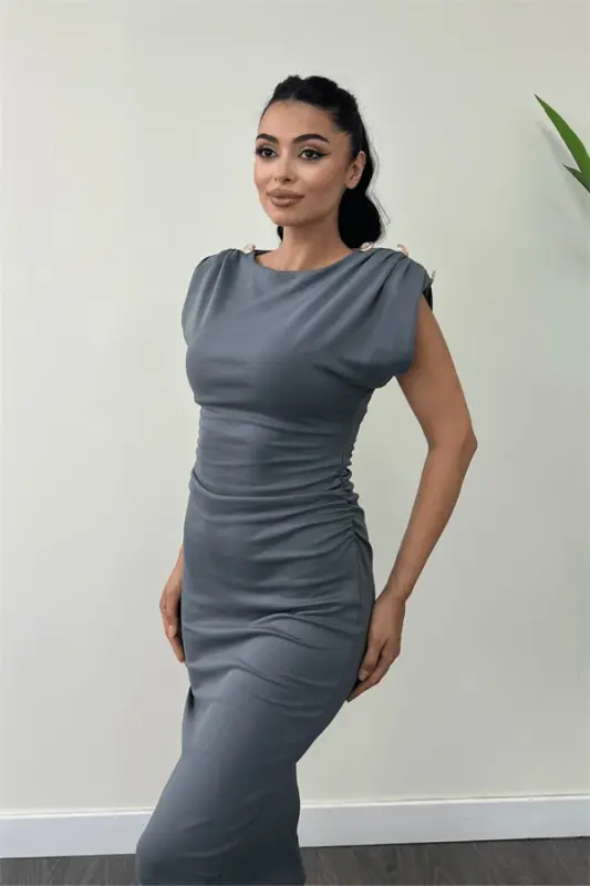 Three-Thread Combed Cotton Fabric Pencil Dress with Shirred Shoulder Detail - ANTHRACITE - 3