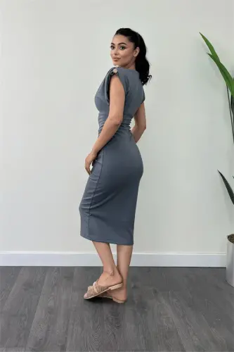 Three-Thread Combed Cotton Fabric Pencil Dress with Shirred Shoulder Detail - ANTHRACITE - 5