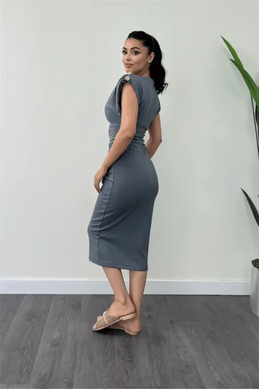 Three-Thread Combed Cotton Fabric Pencil Dress with Shirred Shoulder Detail - ANTHRACITE - 5