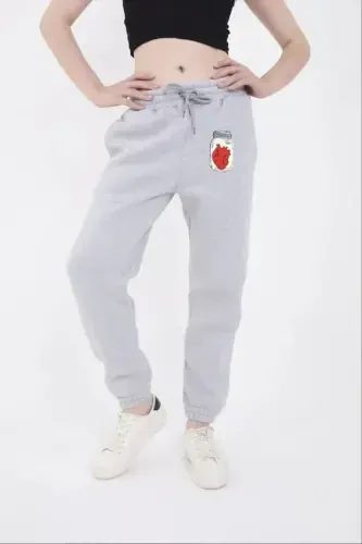 Three Thread Elastic Waistband Printed Sweatpants - Gray - 1