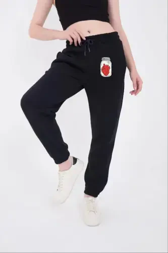 Three Thread Elastic Waistband Printed Sweatpants - Navy Blue - 1