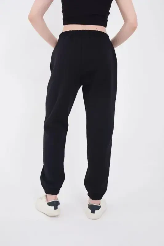 Three Thread Elastic Waistband Printed Sweatpants - Navy Blue - 3