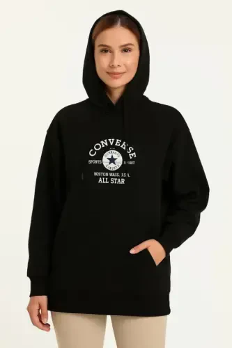 Three Thread Hooded Front and Back Printed Sweatshirt Hoodie- Black - 4