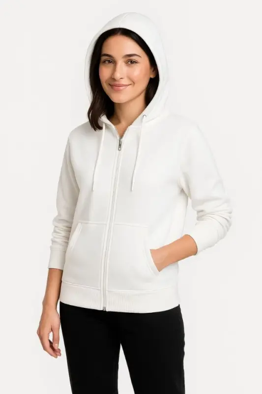 Three-Thread Hooded Full Zip Kangaroo Pocket Sweatshirt Hoodie - White - 3