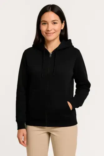 Three-Thread Hooded Full Zipper Kangaroo Pocket SweatShirt Hoodie - Black - BÜYÜKBEDENIZ (1)