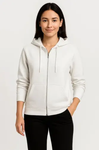 Three-Thread Hooded Full Zipper Kangaroo Pocket SweatShirt Hoodie - White - 1