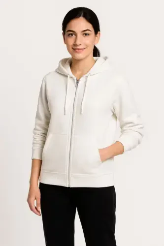 Three-Thread Hooded Full Zipper Kangaroo Pocket SweatShirt Hoodie - White - BÜYÜKBEDENIZ (1)