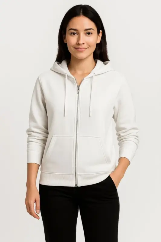 Three-Thread Hooded Full Zipper Kangaroo Pocket SweatShirt Hoodie - White - BÜYÜKBEDENIZ