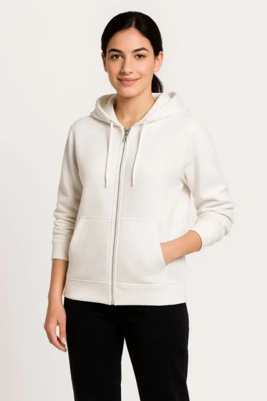 Three-Thread Hooded Full Zipper Kangaroo Pocket SweatShirt Hoodie - White - 2