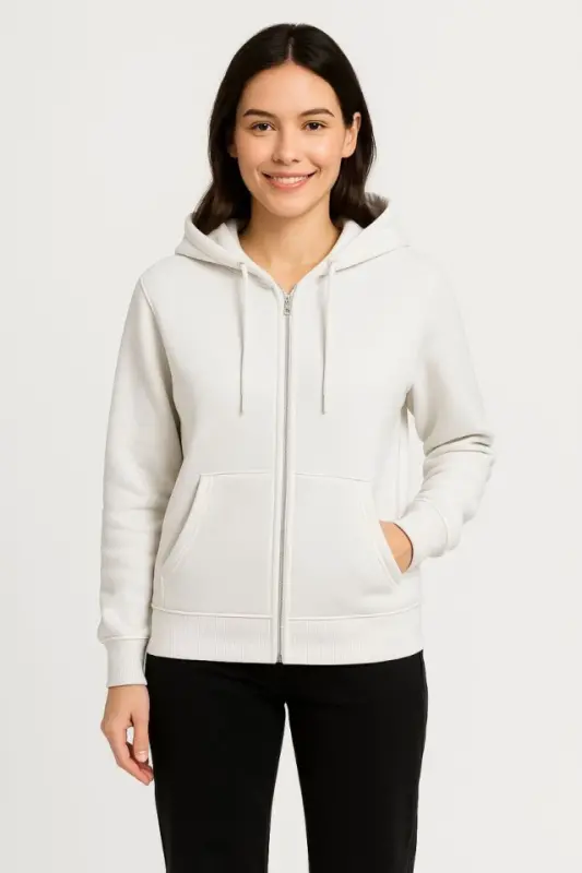 Three-Thread Hooded Full Zipper Kangaroo Pocket SweatShirt Hoodie - White - 4