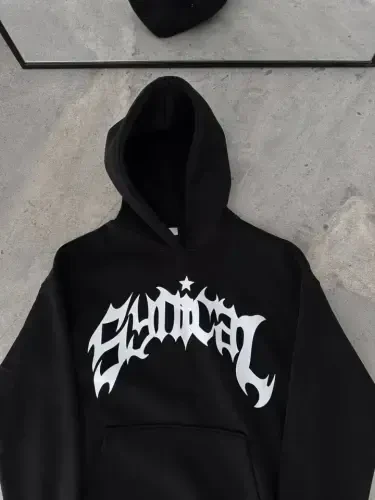 Three Thread Hooded Printed Oversize Sweatshirt- Black - 2