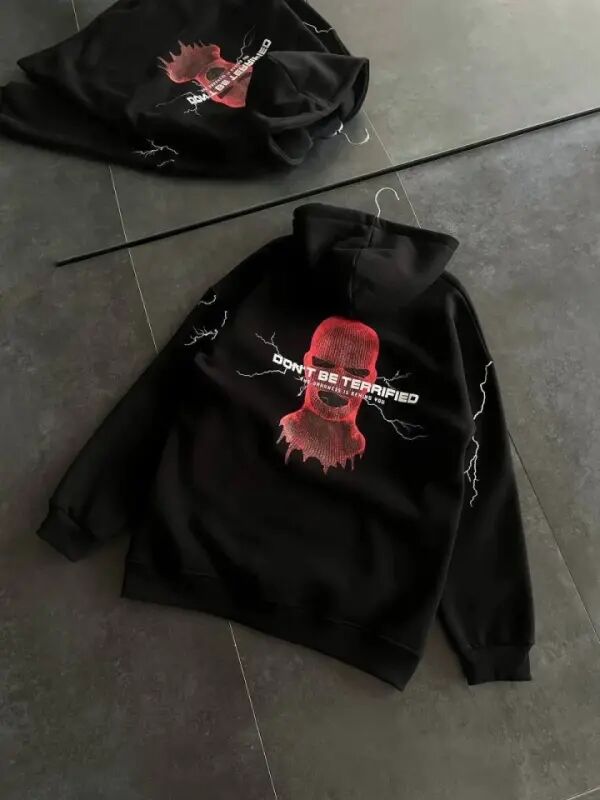 Three Thread Hooded Printed Oversize Sweatshirt- Black - 2