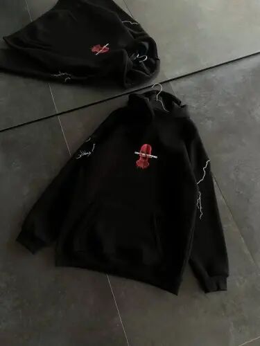Three Thread Hooded Printed Oversize Sweatshirt- Black - 3