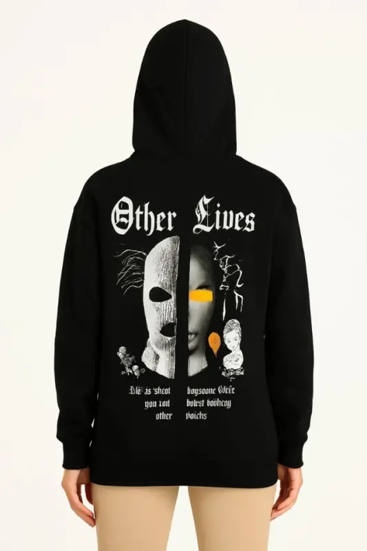 Three Thread Hoodie Front and Back Printed Sweatshirt Hoodie- Black - 2