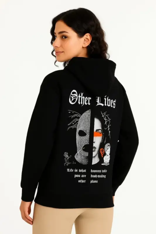 Three Thread Hoodie Front and Back Printed Sweatshirt Hoodie- Black - 4