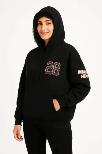 Three Thread Hoodie Front and Back Printed Sweatshirt Hoodie - Black - 3