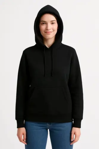 Three Thread Kangaroo Pocket Hoodie Sweatshirt - Black - 3