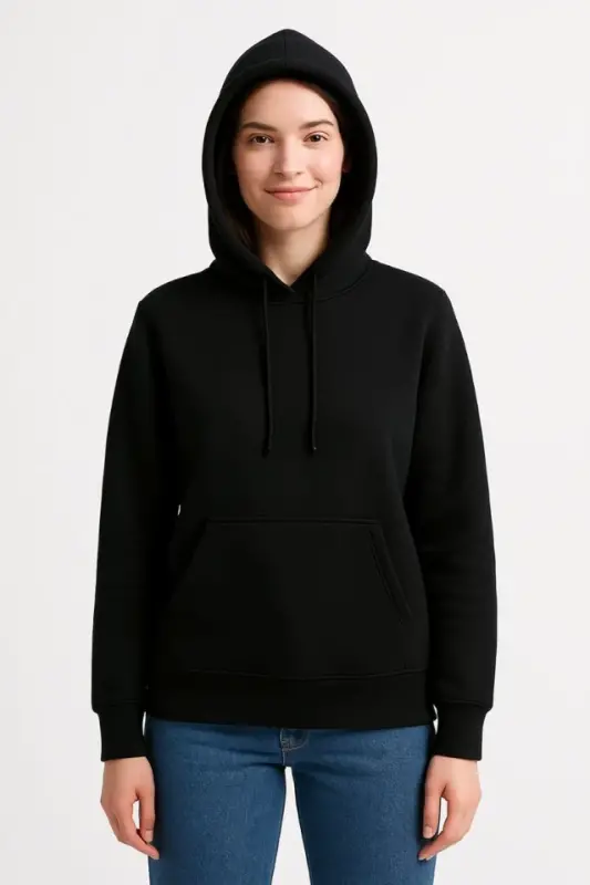Three Thread Kangaroo Pocket Hoodie Sweatshirt - Black - 3