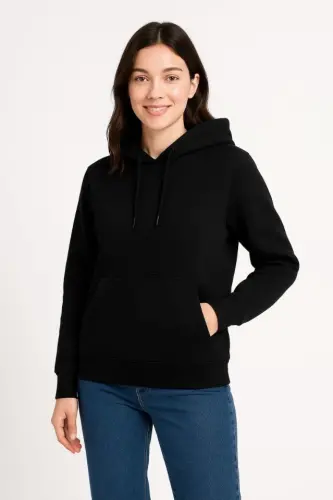 Three Thread Kangaroo Pocket Hoodie Sweatshirt - Black - 4