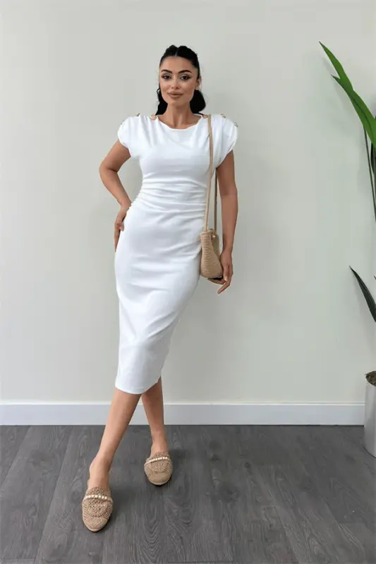 Three Thread Knitted Fabric Detailed Ruched Pencil Dress - WHITE - 1