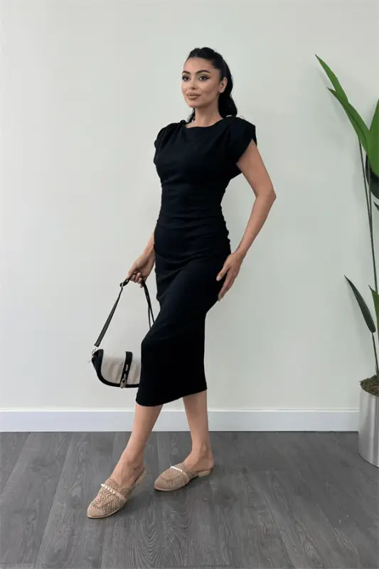 Three Thread Knitted Fabric Ruched Pencil Dress with Shoulder Detail - BLACK - 1