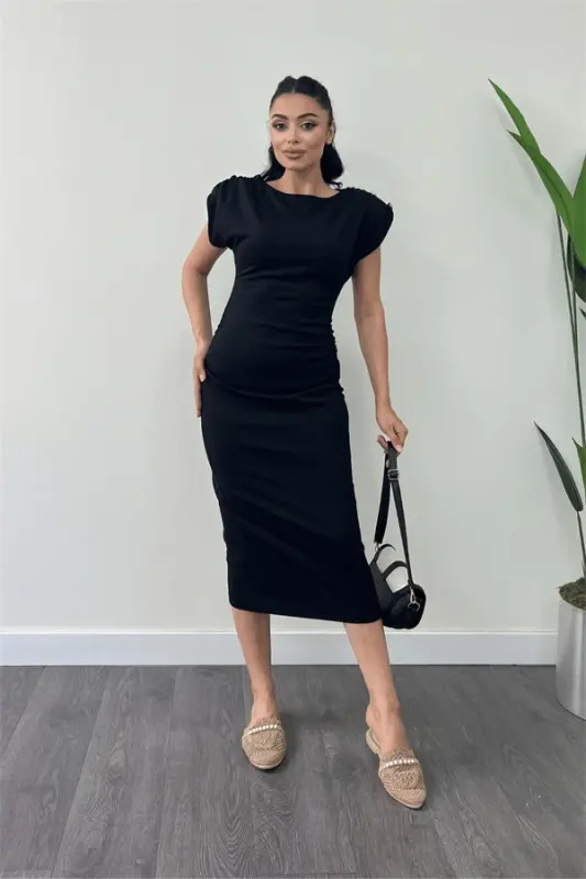 Three Thread Knitted Fabric Ruched Pencil Dress with Shoulder Detail - BLACK - 2