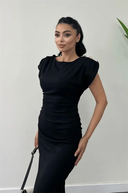 Three Thread Knitted Fabric Ruched Pencil Dress with Shoulder Detail - BLACK - 3