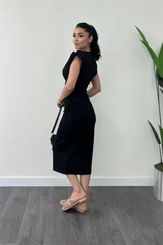 Three Thread Knitted Fabric Ruched Pencil Dress with Shoulder Detail - BLACK - 5