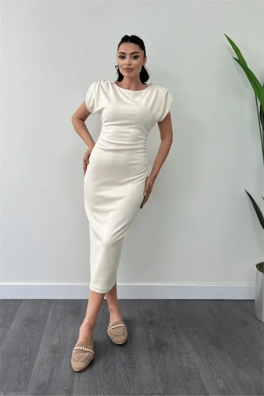 Three Thread Knitted Fabric Ruched Pencil Dress with Shoulder Detail - CREAM - BÜYÜKBEDENIZ