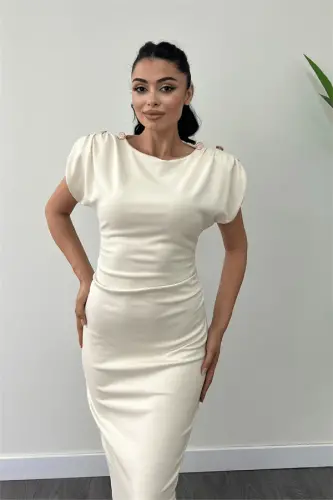 Three Thread Knitted Fabric Ruched Pencil Dress with Shoulder Detail - CREAM - 4