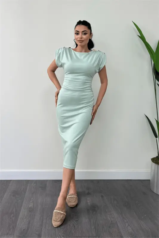 Three-Thread Knitted Fabric Ruched Pencil Dress with Shoulder Detail - GREEN - 1