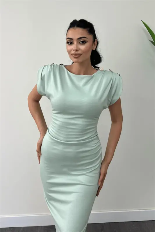 Three-Thread Knitted Fabric Ruched Pencil Dress with Shoulder Detail - GREEN - 4