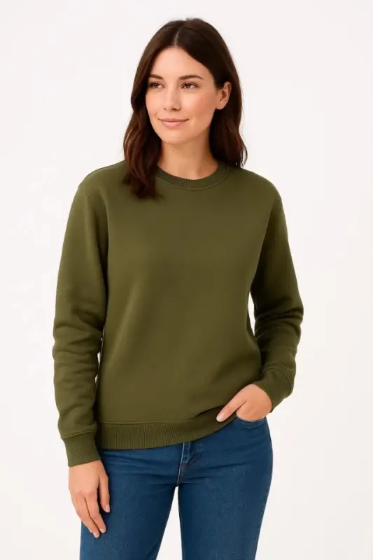 Three-Thread Plain Crew Neck Sweatshirt - Khaki - 1