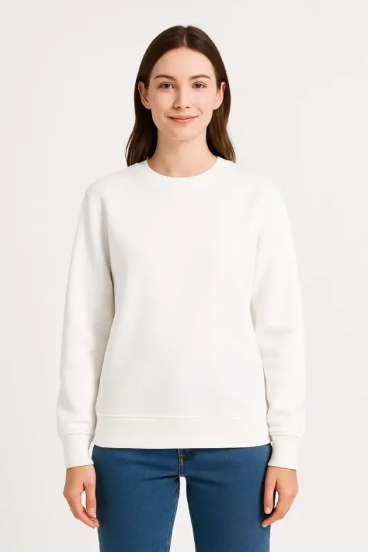 Three-Thread Plain Crew Neck Sweatshirt - White - 2