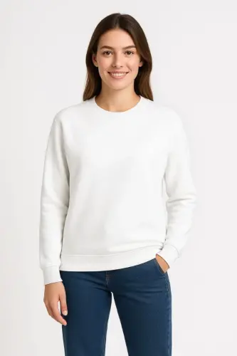 Three-Thread Plain Crew Neck Sweatshirt - White - 3